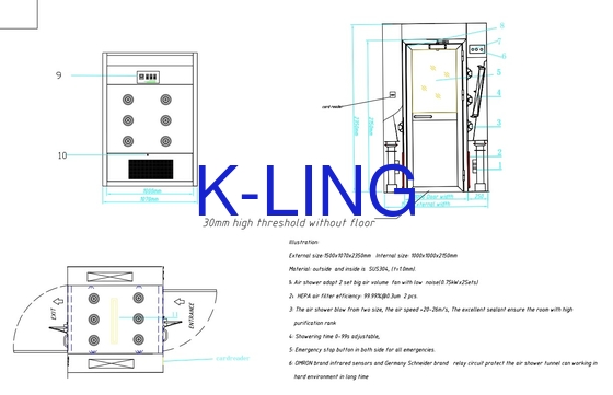 Chuveiro de ar de laboratório de aço inoxidável com sistema de iluminação LED 22-30m/s Velocidade do ar 1000-3000m3/h Fluxo de ar